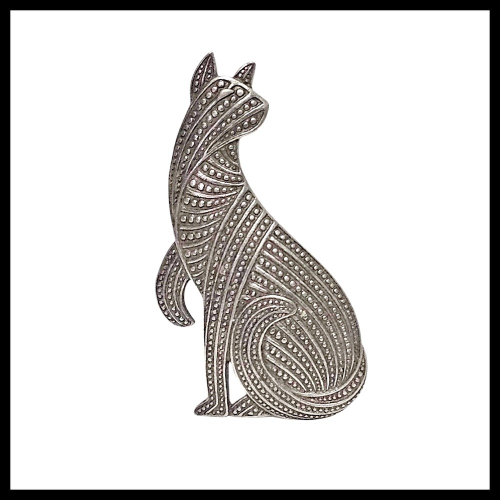 JJ Pewter Cat Brooch Vintage Figural Pin 1988 Signed Costume Jewelry